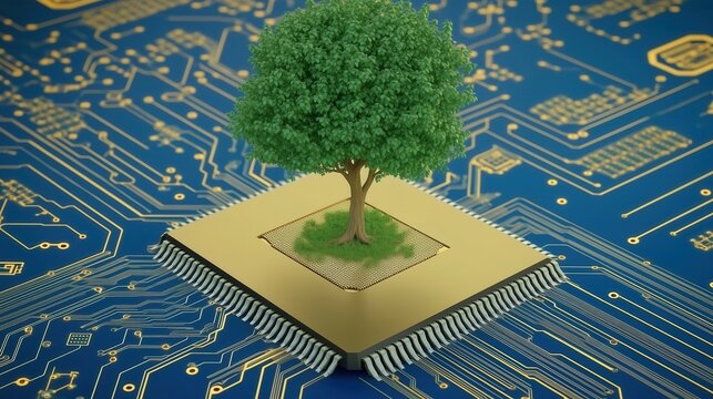 Green technology concept: A tree growing on a microchip - Powered by Adobe