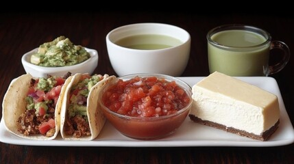 Gourmet Vegetarian Meal With Tacos, Guacamole, Salsa, Cheesecake, Soup, and Matcha