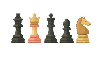 International Chess Day set of five flat vector chess piece icons king, queen, rook, bishop, knight, uniform stroke weight, pastel accent fills