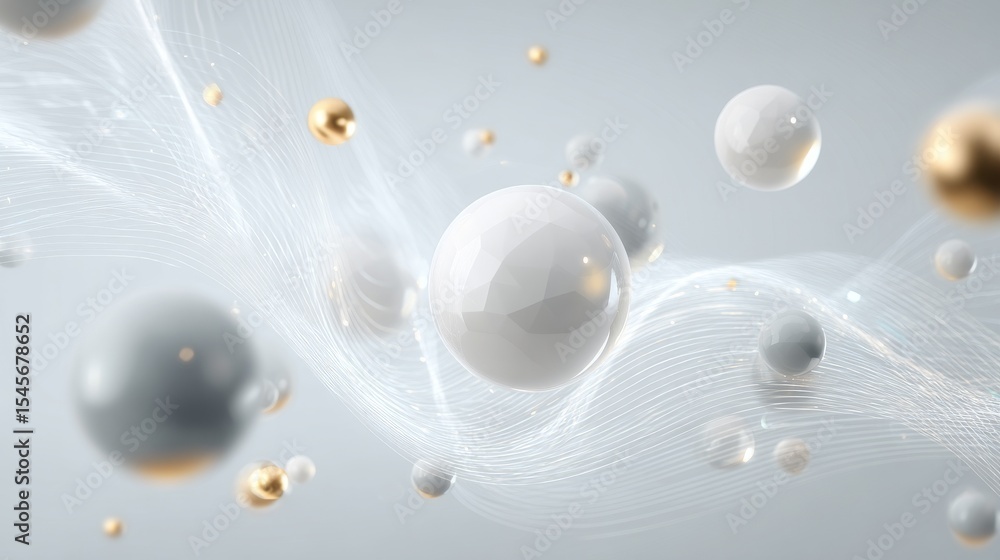 Poster abstract design featuring floating spheres in a soft, ethereal atmosphere.