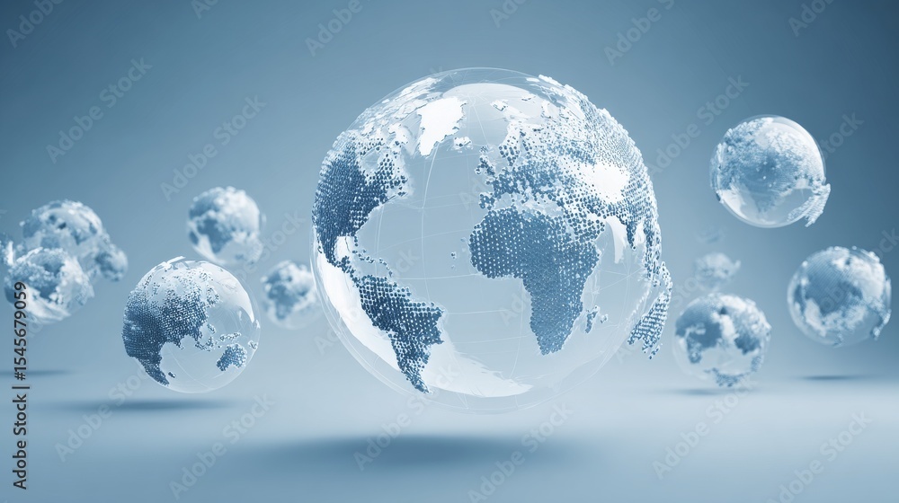 Poster abstract representation of earth with translucent globes on a soft blue background.