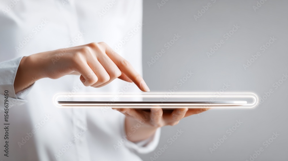 Poster close-up of a person using a tablet with modern design and sleek interface.