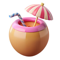 Refreshing cartoon cocktail in a coconut with a straw and umbrella design