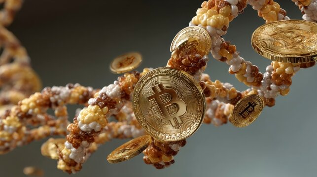 Bitcoins Arranged in DNA Helix Pattern for Innovative Concept Art