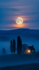 Full Moon Illuminating a Foggy Countryside