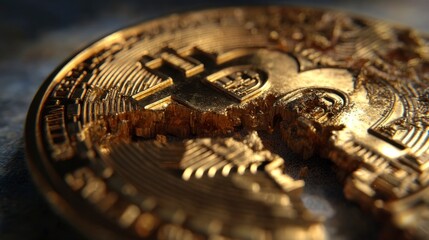 Extreme Close-Up of Bitcoin Showing Wear on Golden Surface