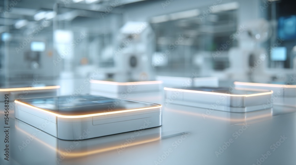 Poster futuristic technology workspace featuring glowing rectangular devices.
