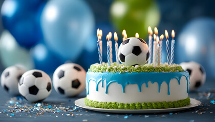 Soccer Birthday Cake with Candles and Balloons.