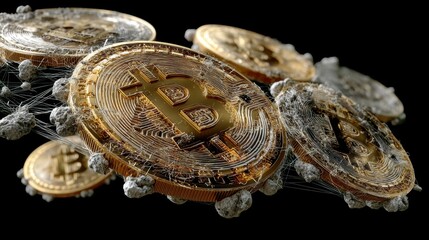 Bitcoin Coins Floating in Digital Space with Abstract Effects