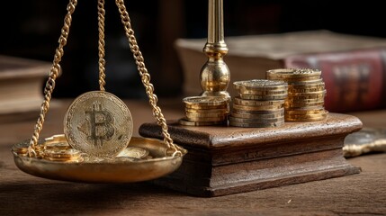 Antique Balance Scale with Bitcoin and Coins on Wooden Table