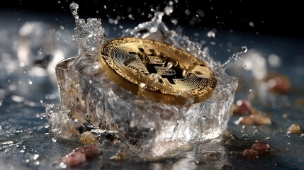 Close-up of Bitcoin Embedded in Ice Cube with Splashing Water