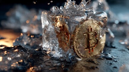 Close-Up View of Bitcoin Embedded in Ice Cube with Water Splashes