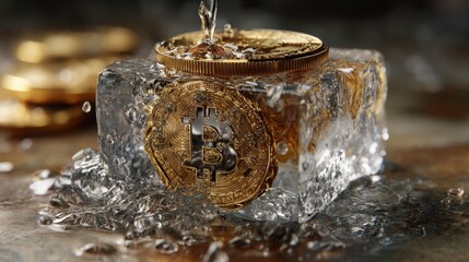Close Up of Bitcoin Embedded in Ice Cube with Water Droplets