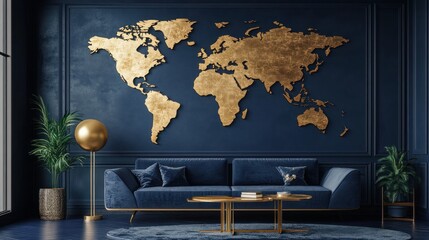 Dark blue world map interior decor