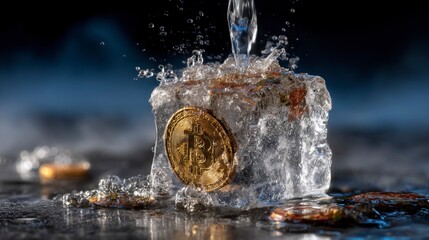 Close-Up of Bitcoin Embedded in Ice Cube with Water Splashing