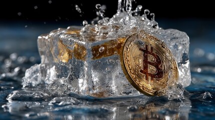 Bitcoin Coin Embedded in Ice Cube with Water Splash Close Up