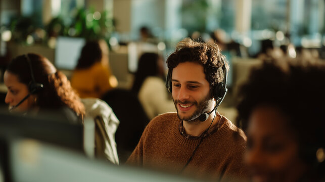Modern call center with diverse team working in bright, cozy atmosphere