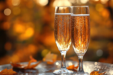 glasses of champagne on a table with autumn leaves.