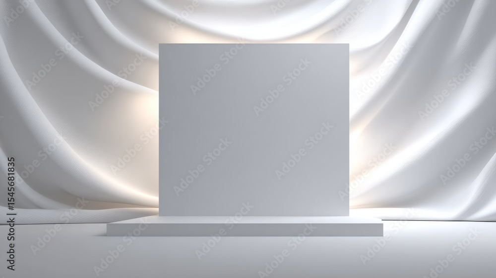 Poster minimalist display platform with soft fabric backdrop, perfect for showcasing products.