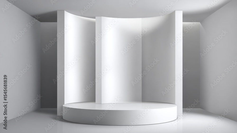 Poster minimalist display space with curved panels and a circular platform for presentations.