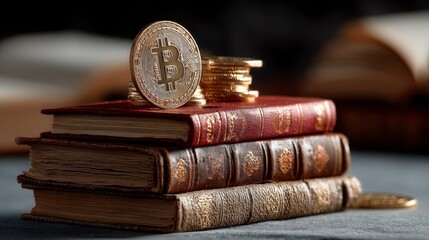 Bitcoin Coin on Stack of Vintage Books for Financial Education