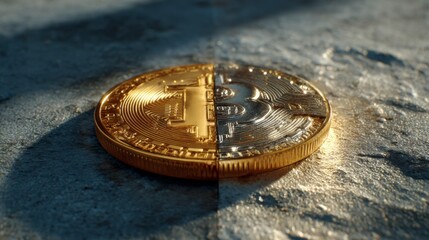 Half Gold Bitcoin Coin on Stone Surface with Dramatic Lighting