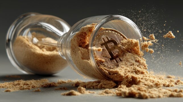 Bitcoin Coin Spilling from Glass Jar Surrounded by Sand