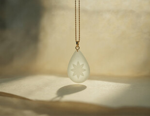 A beautifully carved white jade pendant, shaped like a teardrop or pear, with intricate floral patterns, hangs delicately from a fine gold chain against a soft, diffused background.
