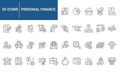 Personal finance set of web icons in line style. A collection of linear icons representing Finance concepts, including loan, financial management, budget, savings, income, mortgage. Editable stroke