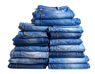Neatly Folded Stack of Blue Denim Jeans, Front View, Transparent Background
