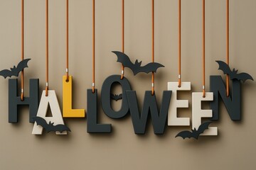 Fototapeta premium HALLOWEEN Typography with Bats Suspended on Strings Against a Neutral Background, Creating a Festive and Playful Seasonal Display