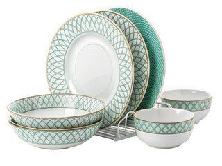 Elegant green and gold patterned dinnerware set with bowls and plates