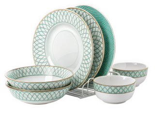 Elegant green and gold patterned dinnerware set with bowls and plates