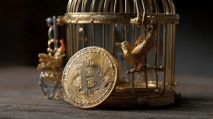 Small Bird Cage with Bitcoin Coin and Golden Bird Figurine Inside