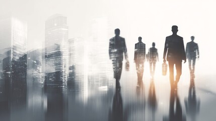 Silhouetted business professionals walking in a modern urban environment.