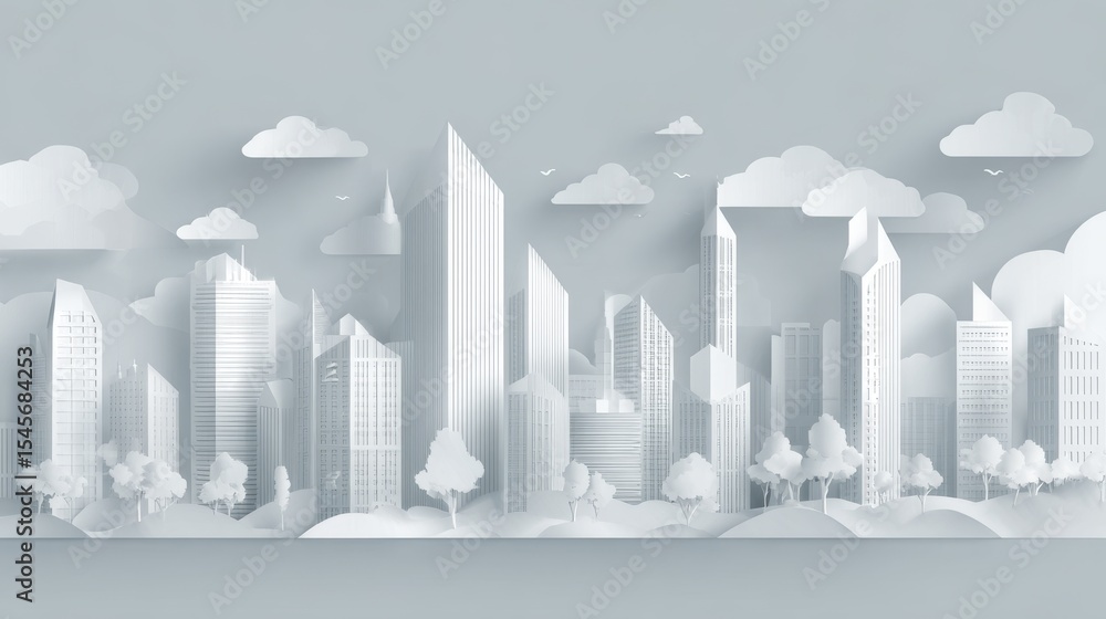 Poster stylish paper cutout skyline with clouds and trees, representing modern architecture.