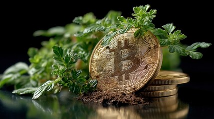 Close Up of Bitcoin Coin Surrounded by Small Green Plants