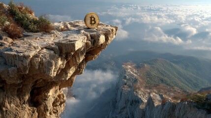 Bitcoin Coin on the Edge of a Cliff Above a Vast Digital Horizon
