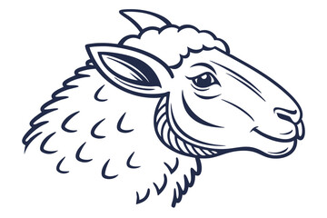 Detailed line drawing displays a ram head with curled wool texture in navy