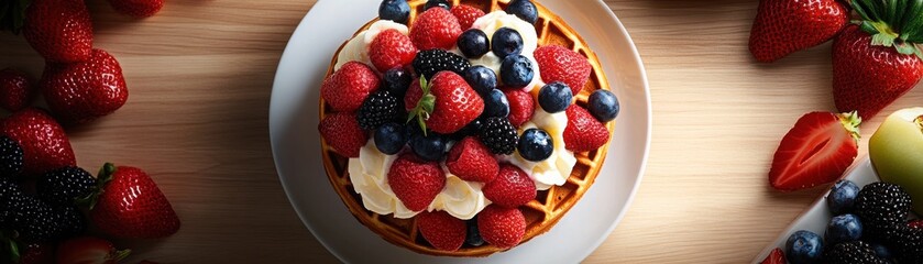Delicious Waffle Topped with Fresh Berries and Creamy Whipped Cream