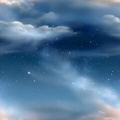 Fototapeta premium Seamless pattern of a celestial illustration featuring a clear cloudless night sky with twinkling stars rendered in deep blue tones