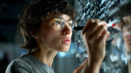 Woman Writing Code on Transparent Surface with Blockchain Concepts