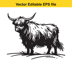 Highland Cow Silhouette Vector Illustration of a Long Haired Breed of Cattle in Black and White Artwork