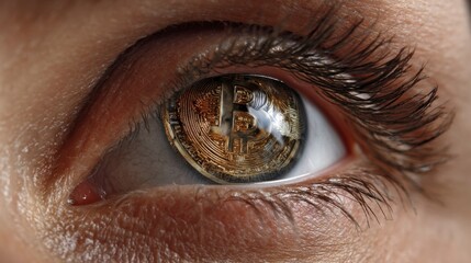 Extreme Close-Up of Eye with Bitcoin Reflection for Stock Photography