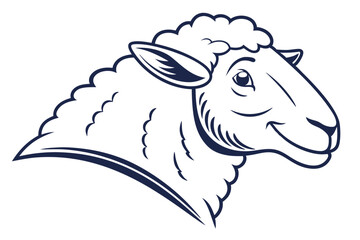 Smiling stylized sheep head, shown in profile, features navy outlines and simple shading