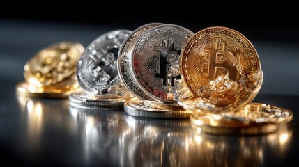 Close-Up of Shiny Bitcoin Coins in Different Colors and Sequences