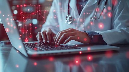 Doctor’s hands typing on a modern laptop with soft natural lighting and clean surface 