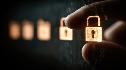 Secure Data Storage: Encrypted Files with Password Protection, Hand on Padlock Icon over Binary Code