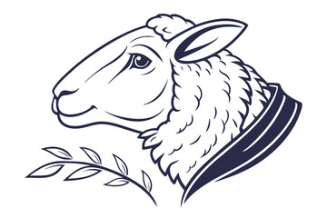 Outlined sheep head with fleece and olive branch presents a peaceful artistic scene
