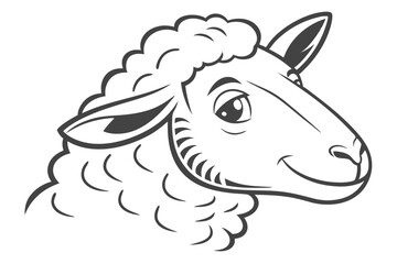Cartoon sheep head in black and white has an appealing expression with wool detail